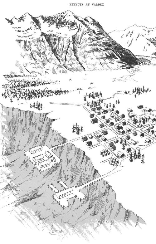 A black-and-white USGS illustration of the underwater landslide at the Valdez shoreline. See notes for details.